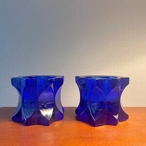 Set of Two (2) Studio Nova Cobalt Blue Glass Votive Candle Holders Japan
